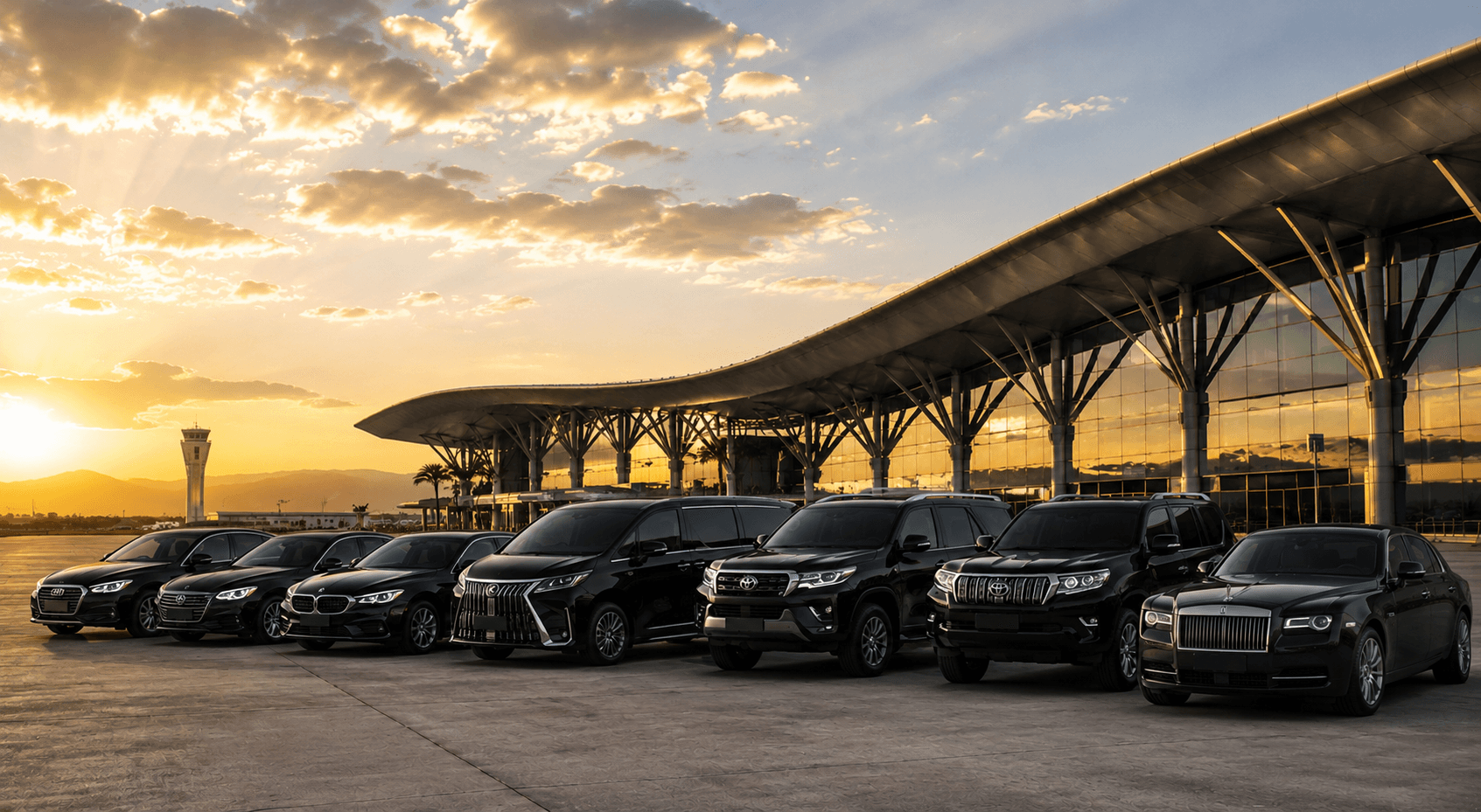 Luxury black fleet of sedans and SUVs parked at a modern airport terminal at sunset
