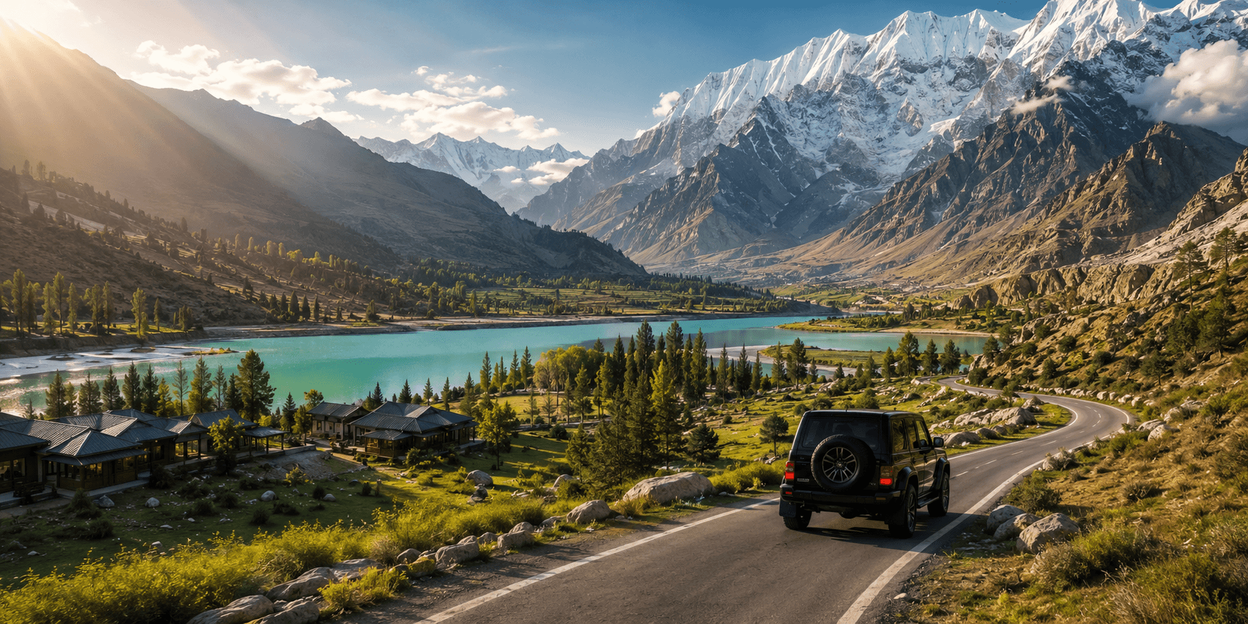 Black SUV on a scenic mountain road beside a turquoise lake in northern Pakistan